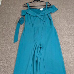 Shelby + Palmer Off The Shoulder Split Flare Leg Jumpsuit in size 16